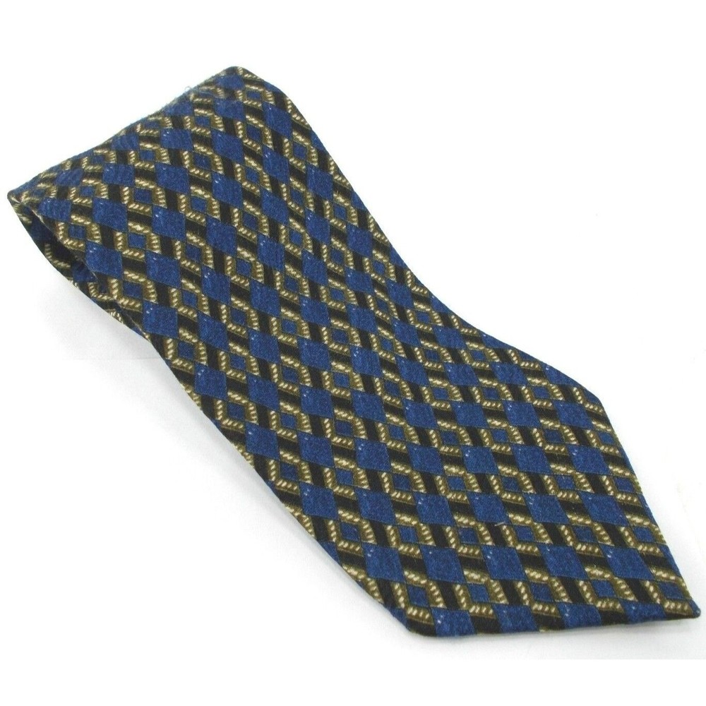 Ermenegildo Zegna Blue with Gold Diamonds 100% Silk Mens Tie Necktie